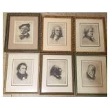 6 framed pencil signed portrait engravings-