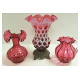 3 Cranberry pieces including opalescent glass