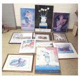 11 framed posters & prints- one with autographs
