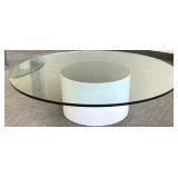 Modern low pedestal table with 54" glass top