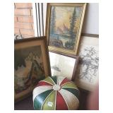 4 pieces vintage artwork & a footstool