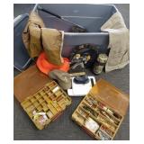 Group of fishing tackle, outdoor clothing, etc.