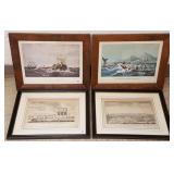 2 framed antique engravings & 2 Currier and Ives