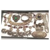 Group silver tone ethnic jewelry, brooches,