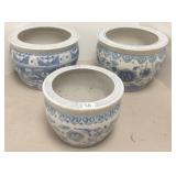3 Oriental porcelain planters - 8" to 9 1/2" diam