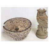 13" cement owl & cement mosaic bath with frog -
