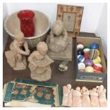 Group pottery, figures, spongeware bowl,