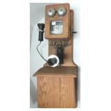 Antique oak wall phone - beveled window (as seen)