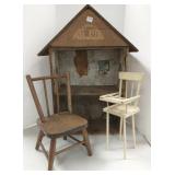 Folk art wood doll house made from crates & doll