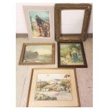 Group vintage framed prints & a frame