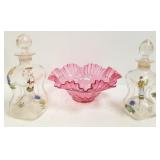 Cranberry 10" bride bowl & 2 enameled decanters