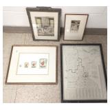 4 small framed vintage prints- map, etc.- largest