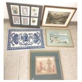5 vintage framed items including Batik- largest