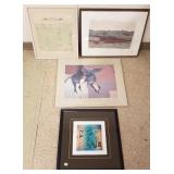 4 framed items- map, signed pieces, etc. - 20" x
