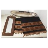 Silverplate 30" bowl, woven textile & mirror