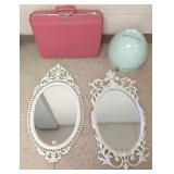 Group of vintage items, 2 mirrors, suitcase with