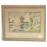 G. DeLyio framed signed painting- fishing scene-
