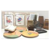 Group of artist wood items, prints, clogs, etc.