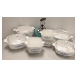 Group of blue & white Corningware bakeware,