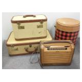 Group including vintage radio, 2 suitcases, etc.