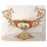 Ornate porcelain & gilt brass compote 24"w x 18"h