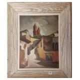 Framed signed oil on board- mission cityscape-