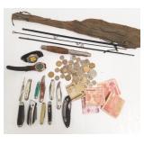 Group of pocket knives, watches, foreign money &