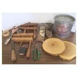 Group of vintage minnow bucket, wood clamps, wood