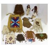 Group beaded, etc pouches, a Kachina & an