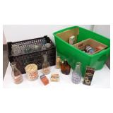 Group of vintage milk bottles, advertising boxes