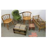 Wicker doll buggy, doll crib, doll trunk & 3