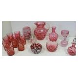 Group of cranberry Victorian glass, hobnail,