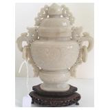 7" carved white jade urn with stand (chip)