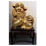 21" carved gilt wood Chinese Foo lion on stand