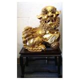 21" carved gilt wood Chinese Foo lion on stand