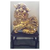 21" carved gilt wood Chinese Foo lion on stand