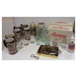 Group beer advertising mugs, tumblers, metal