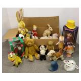 Large group of stuffed animal toys, chalk figures,