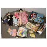 Group including bisque head doll, doll trunk with