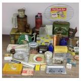 Group of advertising tins, bottles, Browns Valley