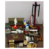 Group vintage toys, tin bank, trapeze toy, barn,