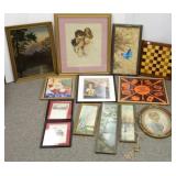 Group framed items including painting, prints,