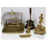 Group including iron press, brass birdcage,