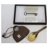 9" horn spoon, hand forged hoe & Fort Sisseton