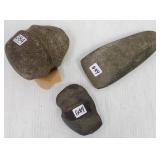 3 stone artifacts- 3/4 groove axe, large celt &