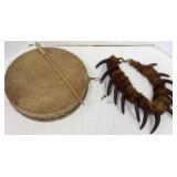 Steel frame rawhide drum with stick & a faux wood