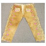 33" x 23" pair cow hide & quilled fringed pants-