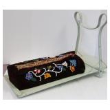 Floral beaded wood cradle board with woven cattail