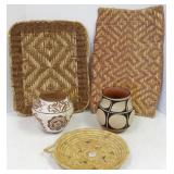 2 Hopi woven bread trays, Eskimo basket with bird