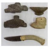 Obsidian knife, boatstone & 3 effigy etc pipe